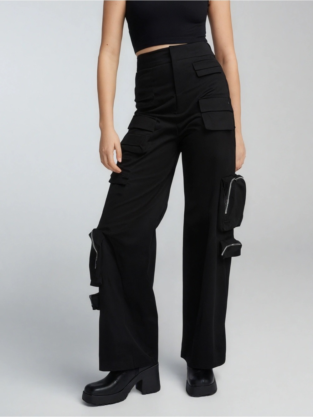 Black Cotton Cargo Pants Zipper Pockets
